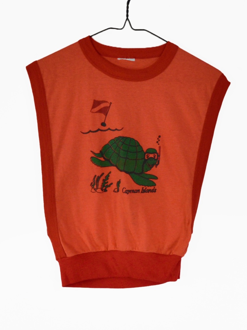 Vintage 70s Red Orange Cayman Islands Retro Turtle Beach Muscle Tank Crop Top